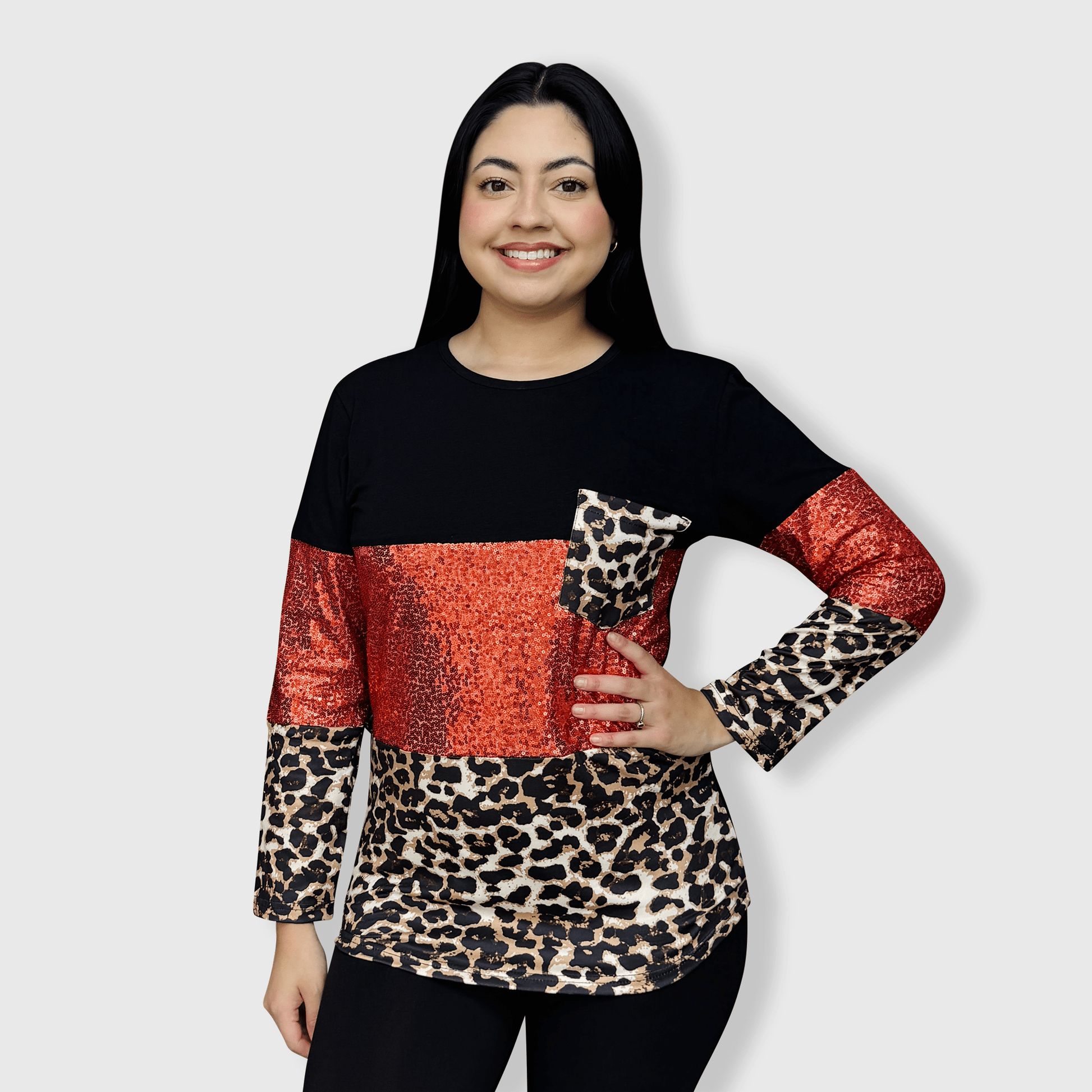 ILTEX Apparel Adult Clothing Color Block Black Cheetah Red Sequin Top