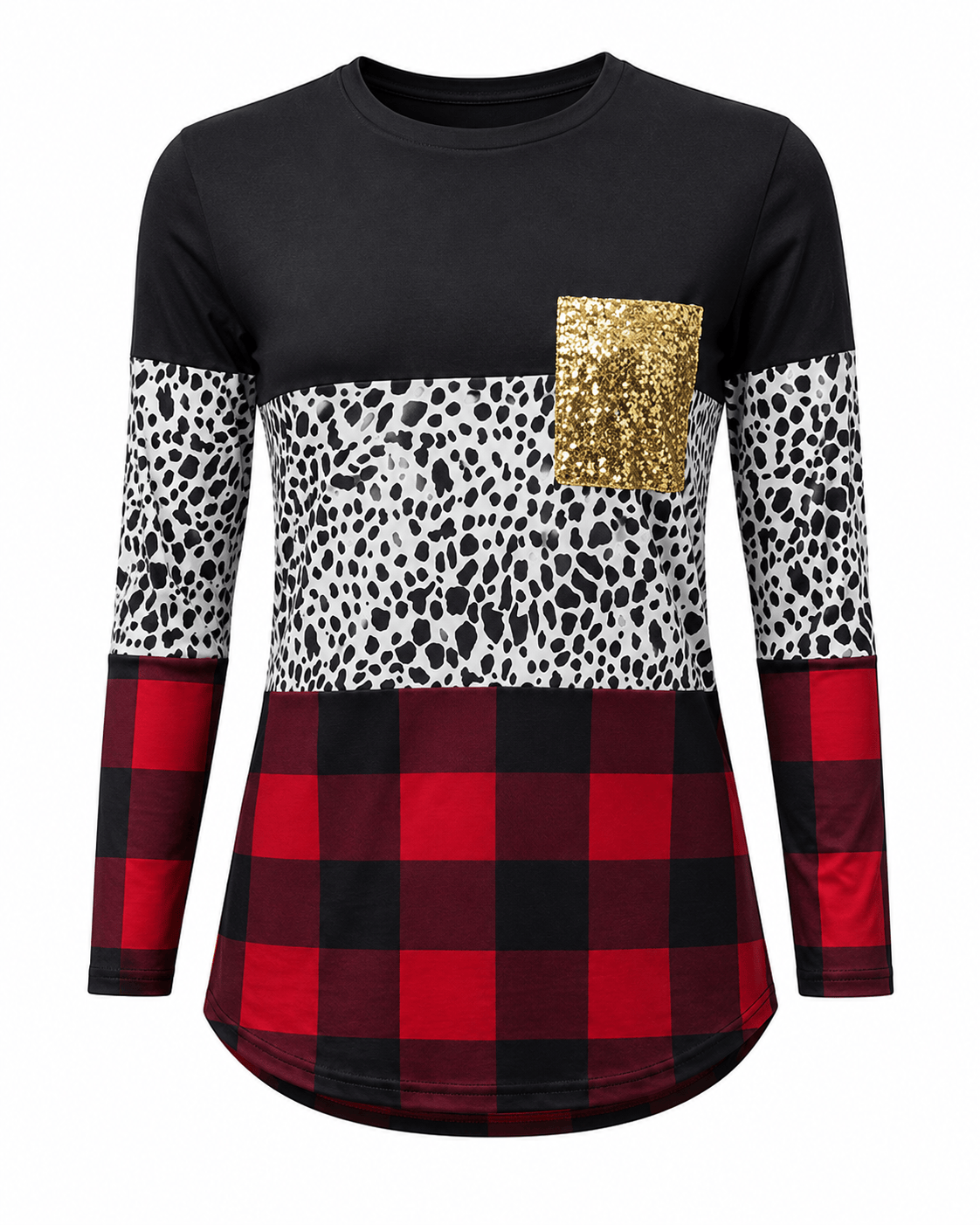 ILTEX Apparel Adult Clothing Color Block Black Cow Plaid Sequin Top
