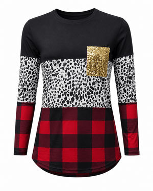 ILTEX Apparel Adult Clothing Color Block Black Cow Plaid Sequin Top