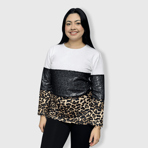 ILTEX Apparel Adult Clothing Color Block Black Sequin Cheetah Top