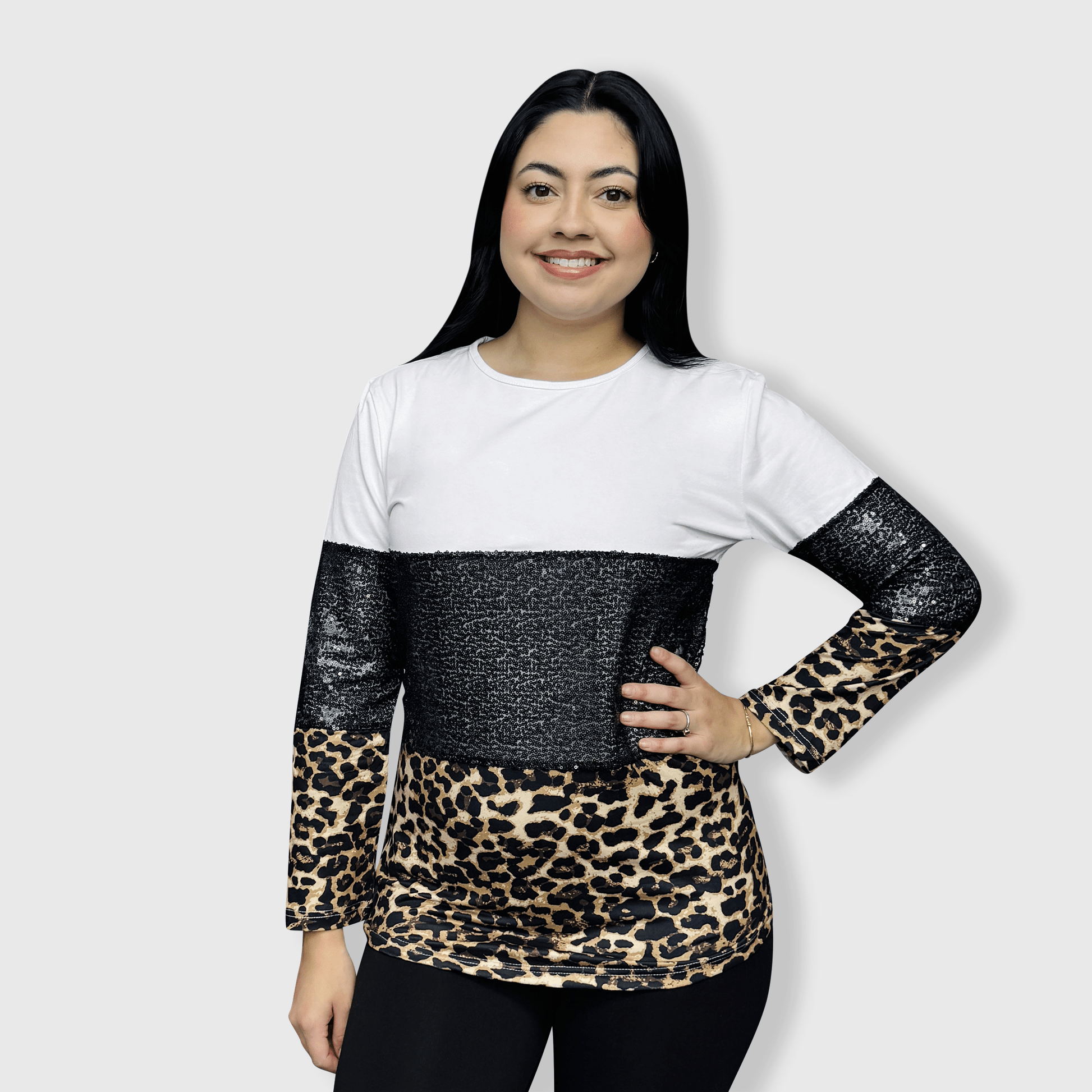 ILTEX Apparel Adult Clothing Color Block Black Sequin Cheetah Top