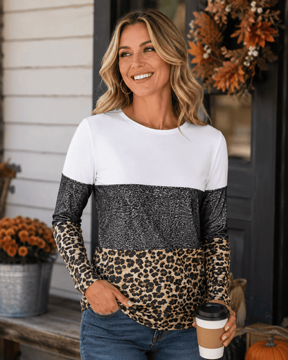 ILTEX Apparel Adult Clothing Color Block Black Sequin Cheetah Top