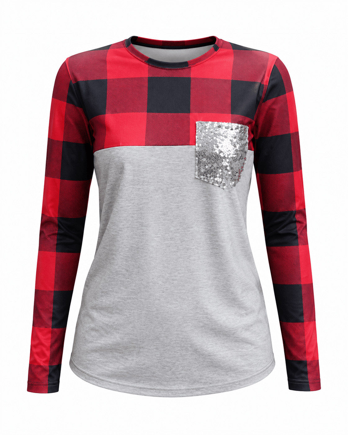 ILTEX Apparel Adult Clothing Color Block Gray Plaid Sequin Top