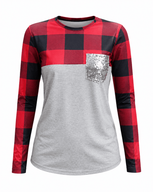 ILTEX Apparel Adult Clothing Color Block Gray Plaid Sequin Top