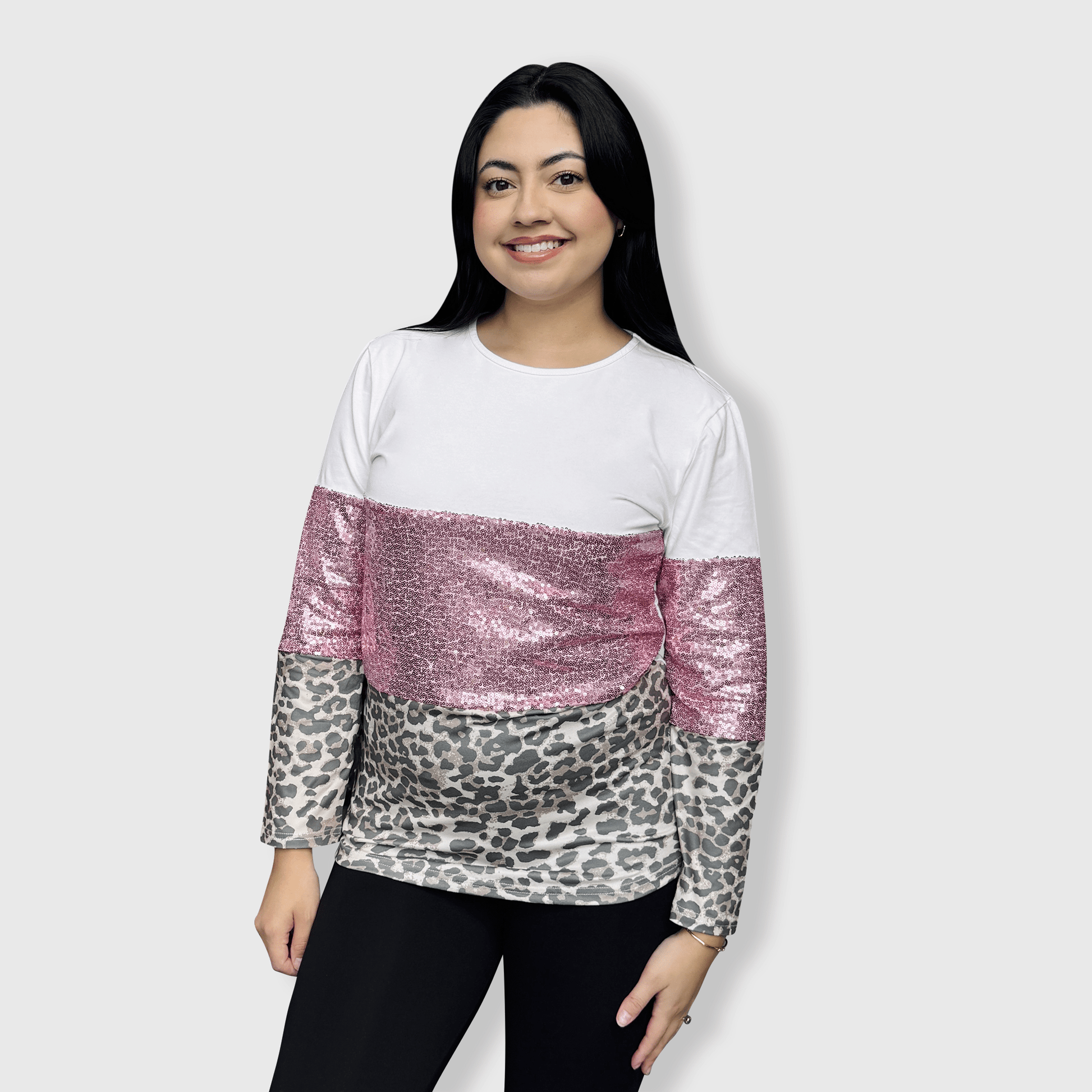 ILTEX Apparel Adult Clothing Color Block Light Pink Sequin Faded Cheetah Top