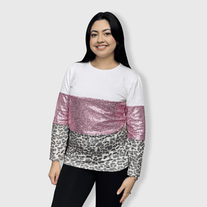 ILTEX Apparel Adult Clothing Color Block Light Pink Sequin Faded Cheetah Top
