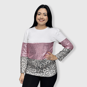 ILTEX Apparel Adult Clothing Color Block Light Pink Sequin Faded Cheetah Top