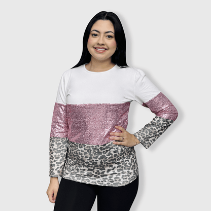 ILTEX Apparel Adult Clothing Color Block Light Pink Sequin Faded Cheetah Top