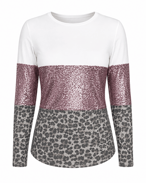 ILTEX Apparel Adult Clothing Color Block Light Pink Sequin Faded Cheetah Top