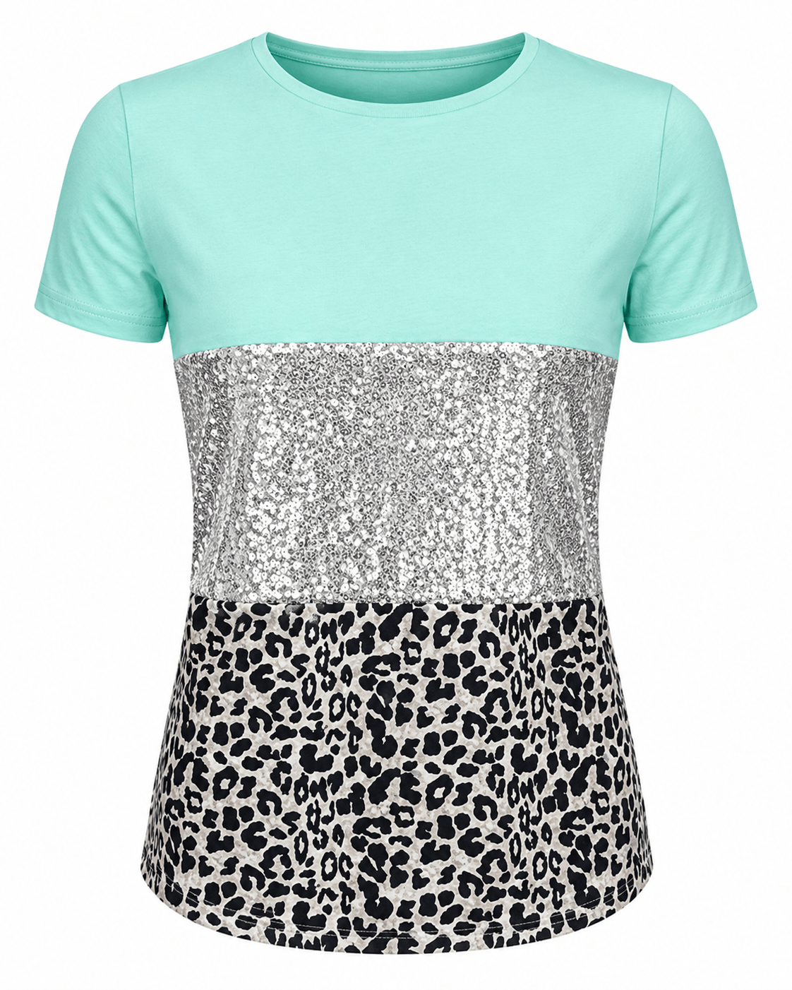 ILTEX Apparel Adult Clothing Color Block Mint Sequin Cheetah Top