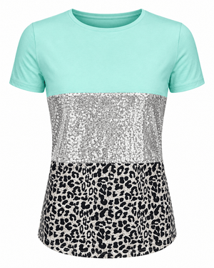 ILTEX Apparel Adult Clothing Color Block Mint Sequin Cheetah Top