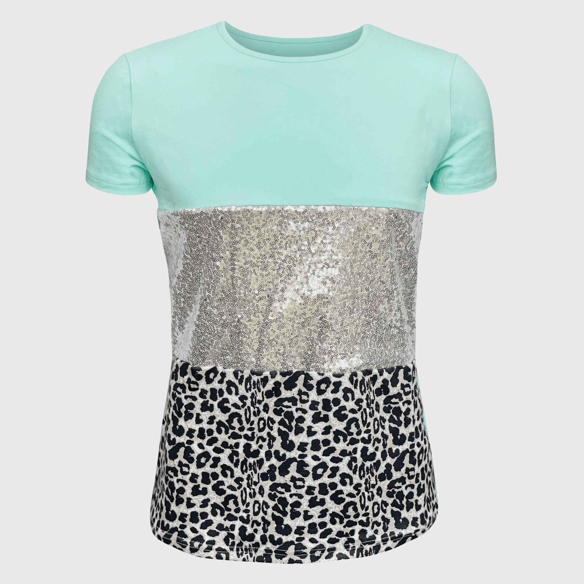 ILTEX Apparel Adult Clothing Color Block Mint Sequin Cheetah Top