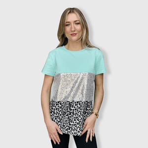 ILTEX Apparel Adult Clothing Color Block Mint Sequin Cheetah Top