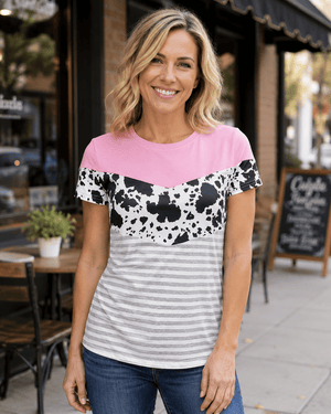 ILTEX Apparel Adult Clothing Color Block Pink Cow Striped Top