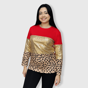 ILTEX Apparel Adult Clothing Color Block Red Cheetah Gold Sequin Top