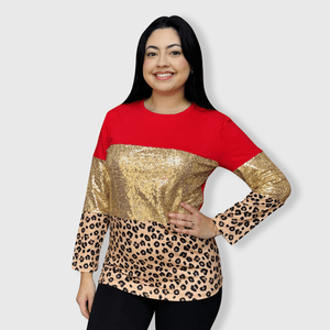 ILTEX Apparel Adult Clothing Color Block Red Cheetah Gold Sequin Top