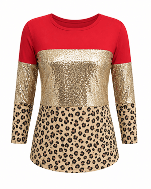 ILTEX Apparel Adult Clothing Color Block Red Cheetah Gold Sequin Top