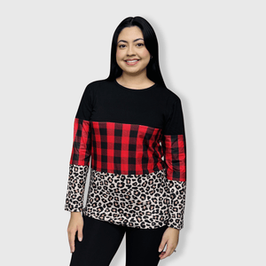 ILTEX Apparel Adult Clothing Color Block Red Plaid Cheetah Top