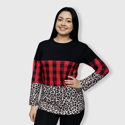 ILTEX Apparel Adult Clothing Color Block Red Plaid Cheetah Top