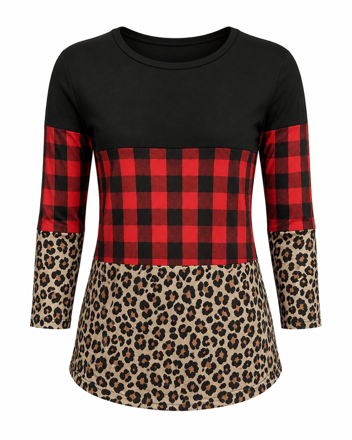 ILTEX Apparel Adult Clothing Color Block Red Plaid Cheetah Top