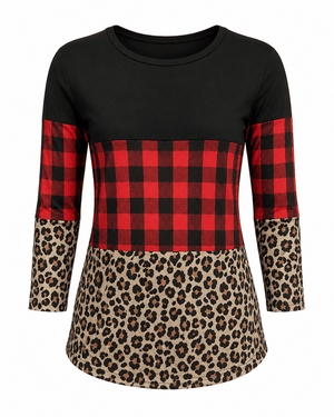 ILTEX Apparel Adult Clothing Color Block Red Plaid Cheetah Top
