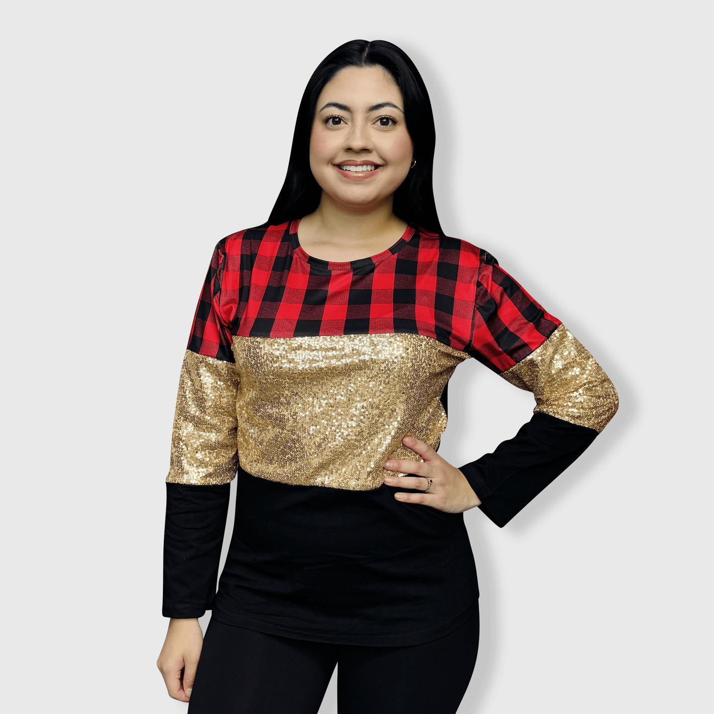 ILTEX Apparel Adult Clothing Color Block Red Plaid Gold Sequin Top