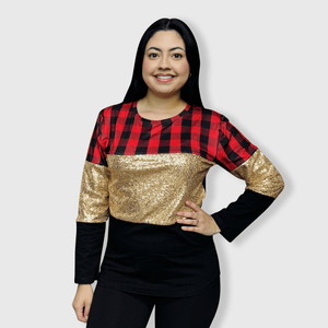 ILTEX Apparel Adult Clothing Color Block Red Plaid Gold Sequin Top