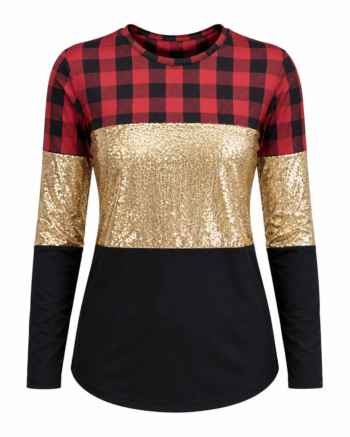 ILTEX Apparel Adult Clothing Color Block Red Plaid Gold Sequin Top