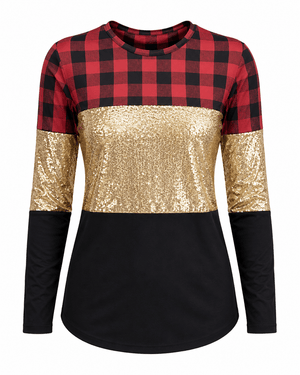 ILTEX Apparel Adult Clothing Color Block Red Plaid Gold Sequin Top