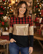 ILTEX Apparel Adult Clothing Color Block Red Plaid Gold Sequin Top