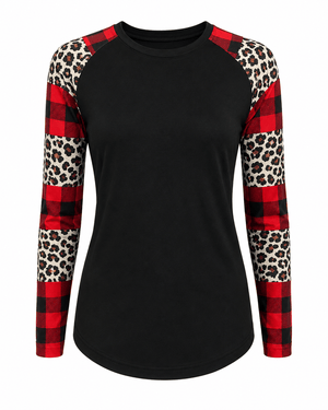 ILTEX Apparel Adult Clothing Color Block Sleeve Black Plaid Cheetah Top