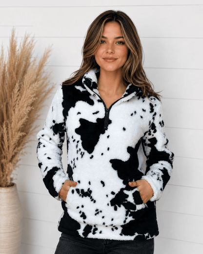 ILTEX Apparel Adult Clothing Cow Print Black White Sherpa Pullover Women