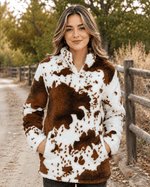 ILTEX Apparel Adult Clothing Cow Print Brown White Sherpa Pullover Women