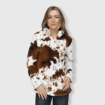 ILTEX Apparel Adult Clothing Cow Print Brown White Sherpa Pullover Women