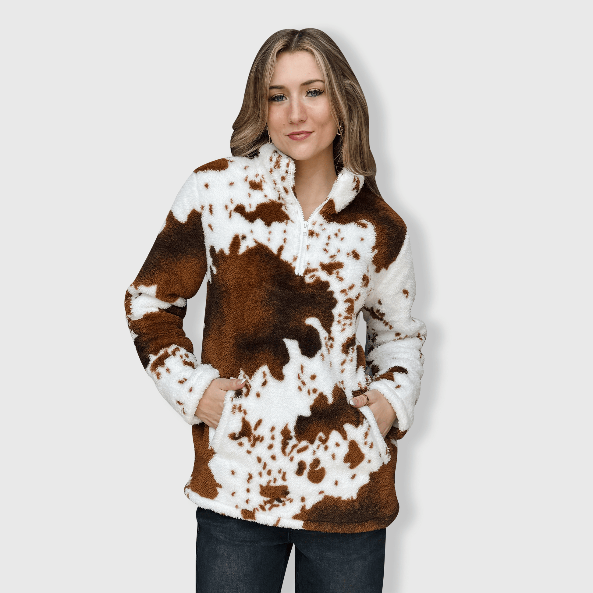 ILTEX Apparel Adult Clothing Cow Print Brown White Sherpa Pullover Women