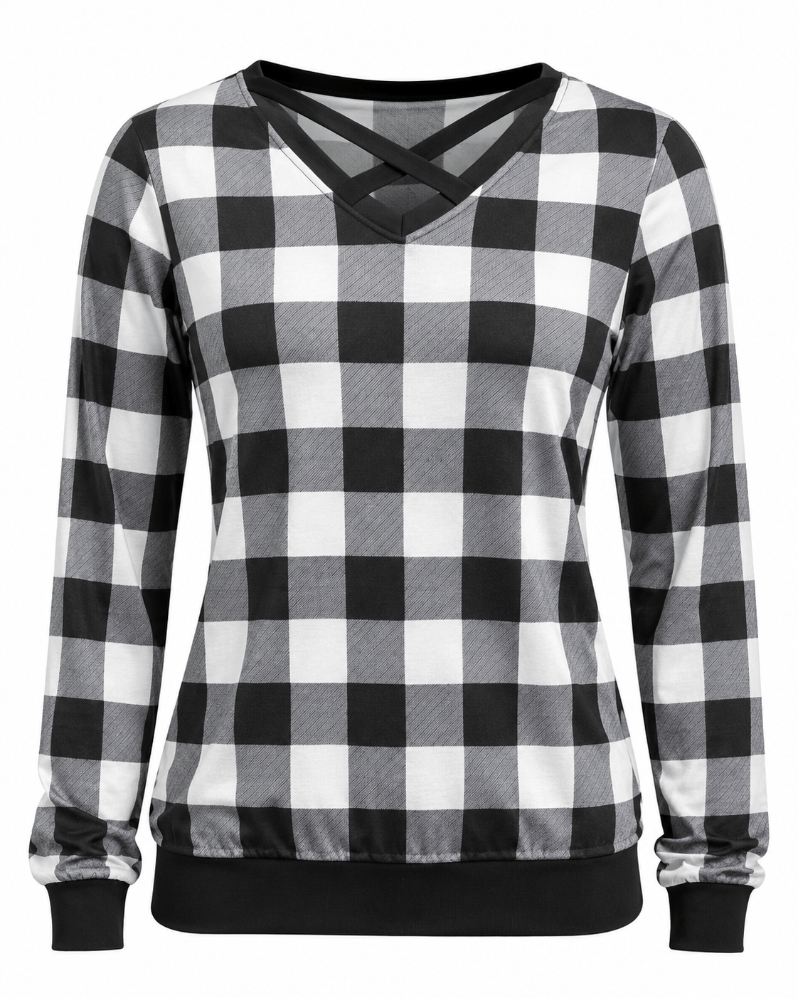 ILTEX Apparel Adult Clothing Crisscross V-Neck Black White Plaid Top