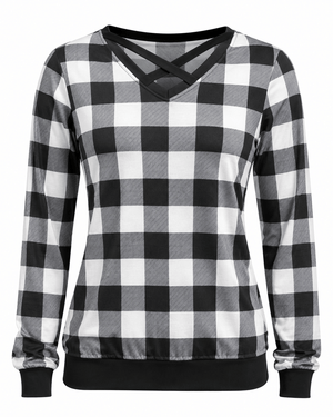 ILTEX Apparel Adult Clothing Crisscross V-Neck Black White Plaid Top
