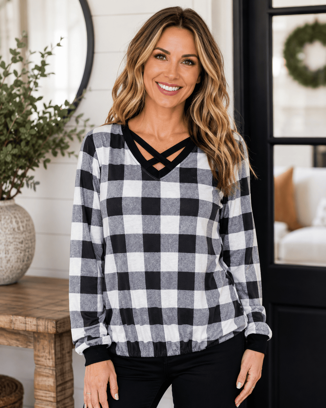 ILTEX Apparel Adult Clothing Crisscross V-Neck Black White Plaid Top