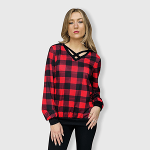 ILTEX Apparel Adult Clothing Crisscross V-Neck Red Plaid Top