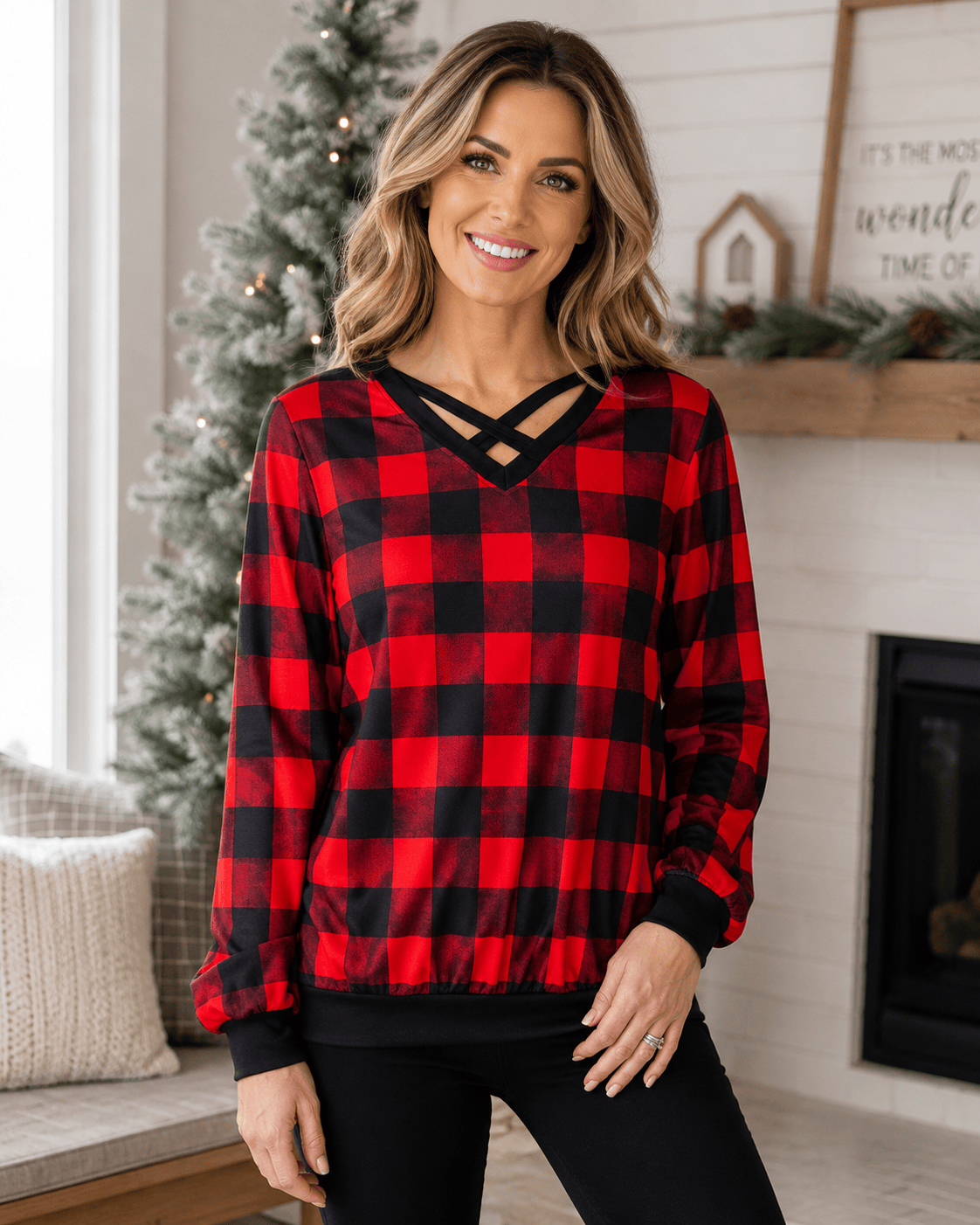 ILTEX Apparel Adult Clothing Crisscross V-Neck Red Plaid Top