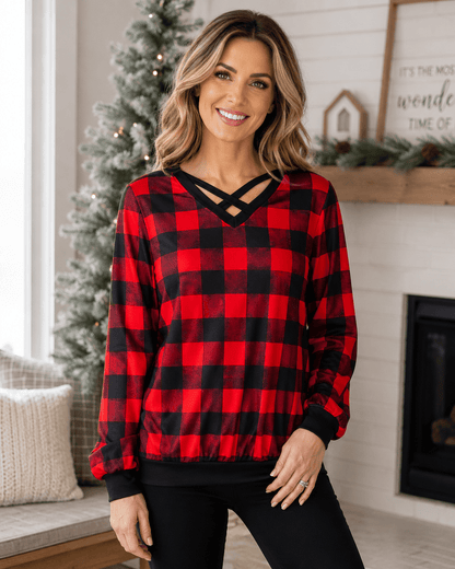 ILTEX Apparel Adult Clothing Crisscross V-Neck Red Plaid Top