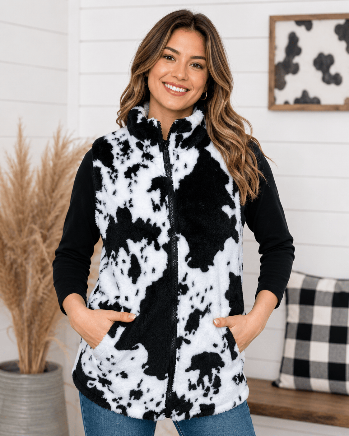 ILTEX Apparel Adult Clothing Sherpa Black Cow Vest Women