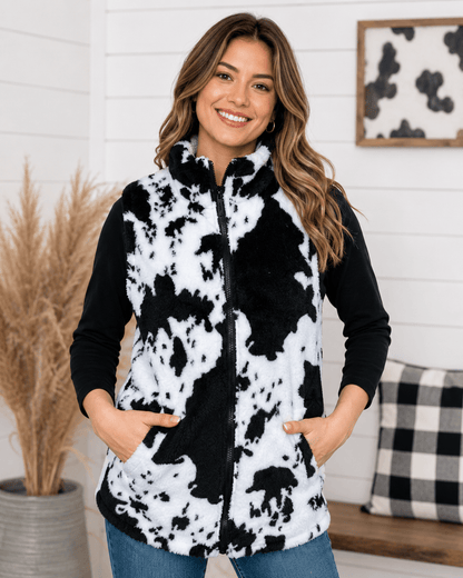 ILTEX Apparel Adult Clothing Sherpa Black Cow Vest Women