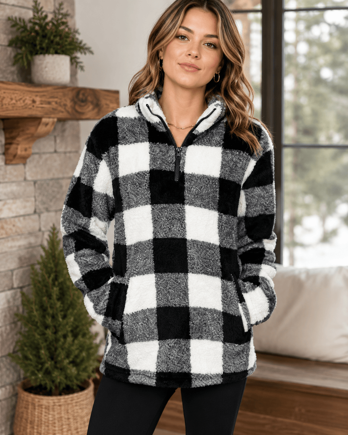 ILTEX Apparel Adult Clothing Sherpa Black White Plaid Pullover Women