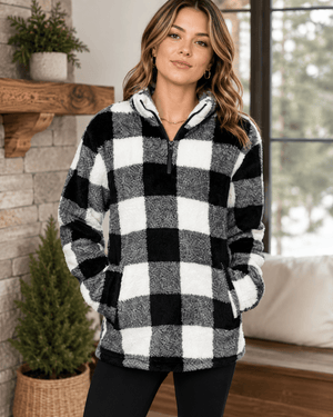 ILTEX Apparel Adult Clothing Sherpa Black White Plaid Pullover Women