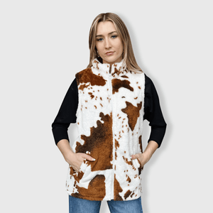 ILTEX Apparel Adult Clothing Sherpa Brown Cow Vest Women