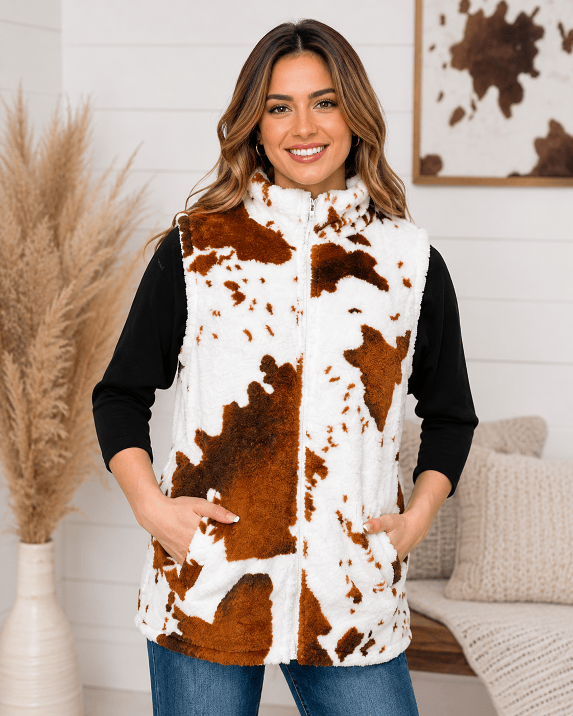 ILTEX Apparel Adult Clothing Sherpa Brown Cow Vest Women