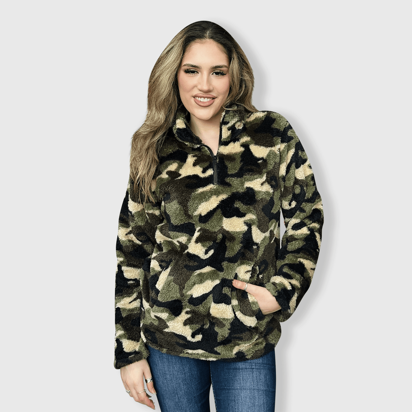 ILTEX Apparel Adult Clothing Sherpa Camo Green Pullover Women