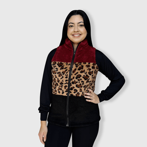 ILTEX Apparel Adult Clothing Sherpa Color Block Cheetah Burgundy Vest Women