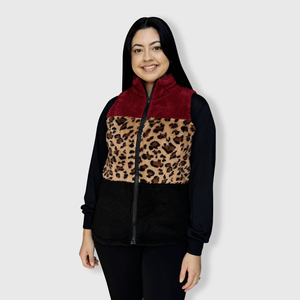 ILTEX Apparel Adult Clothing Sherpa Color Block Cheetah Burgundy Vest Women